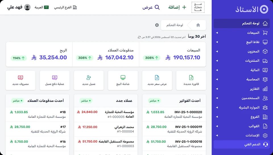 لوحة تحكم برنامج الأستاذ المحاسبي