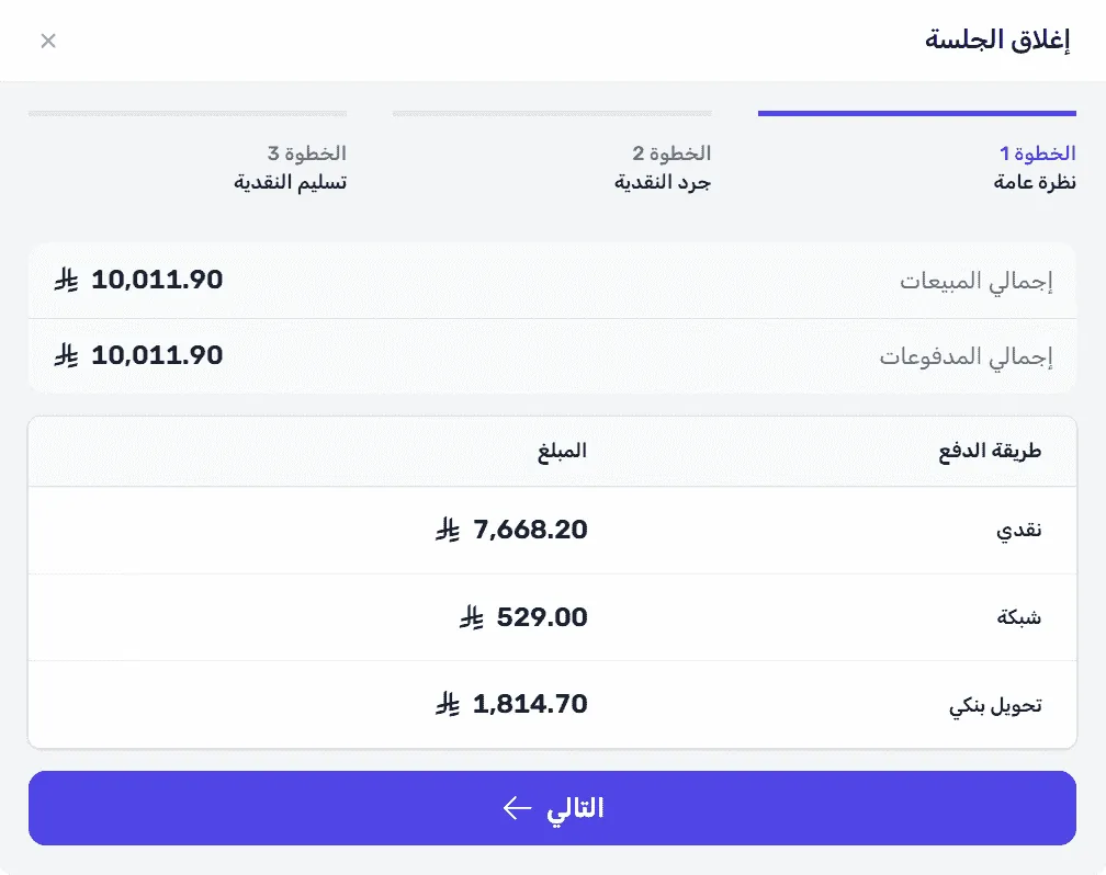 إغلاق الجلسة في 3 خطوات: نظرة عامة، جرد النقدية، وتسليم النقدية، مع إجمالي المبيعات وإجمالي كل طريقة دفع